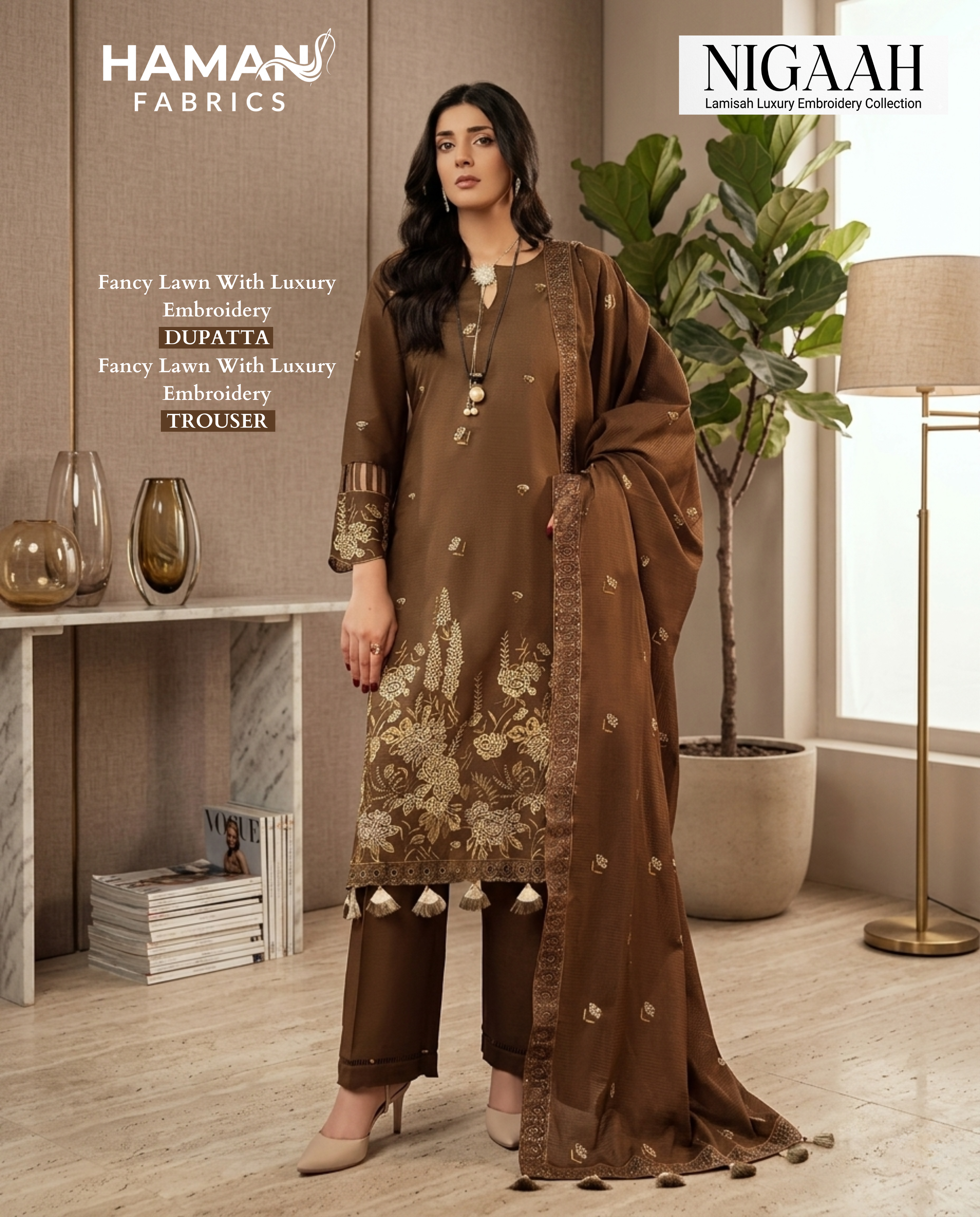 Fancy Lawn Luxury Embroidered Suit with Dupatta & Trouser