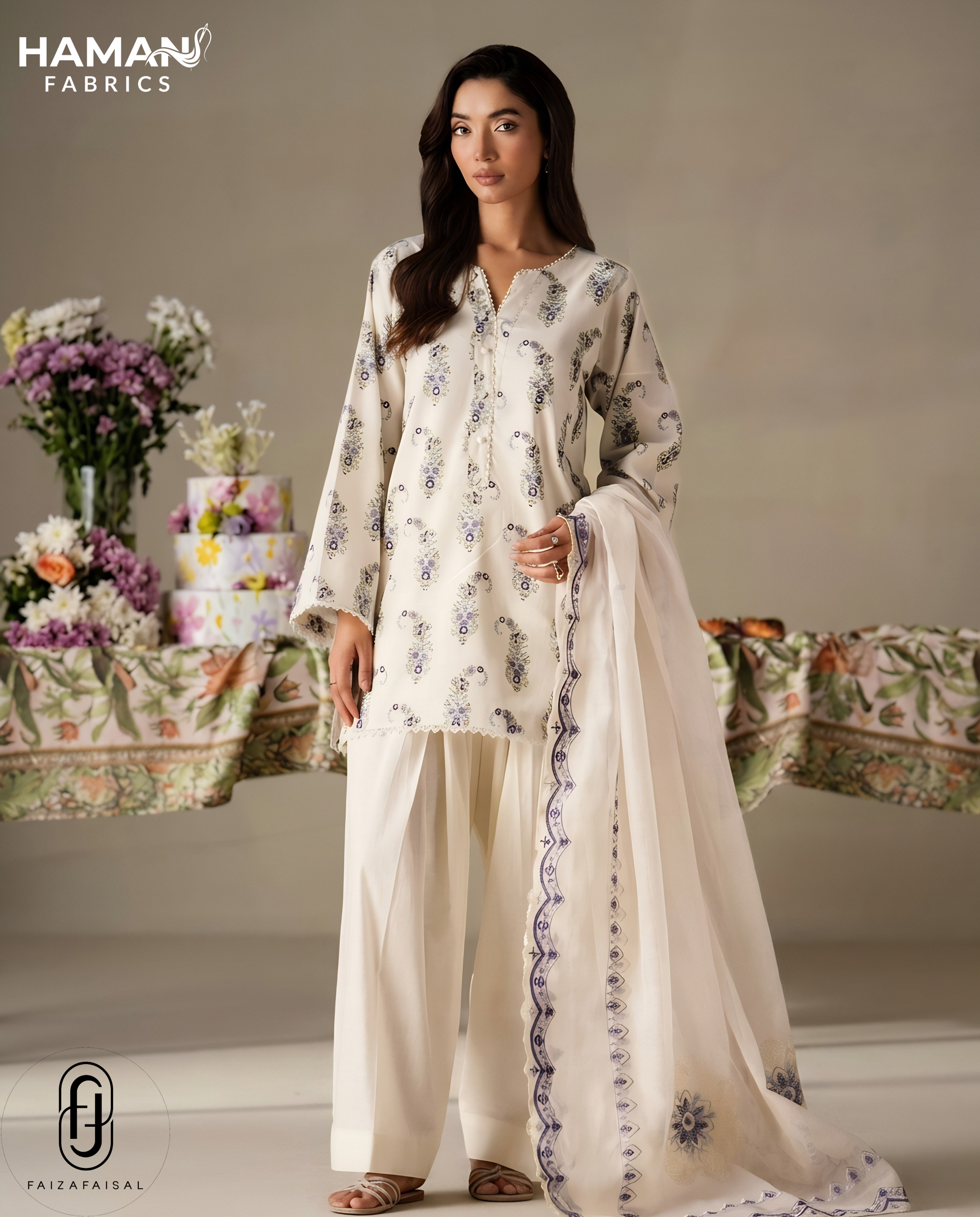 Faiza Faisal Elegant Floral 3-Piece Lawn Suit – Ivory Bloom Summer Collection