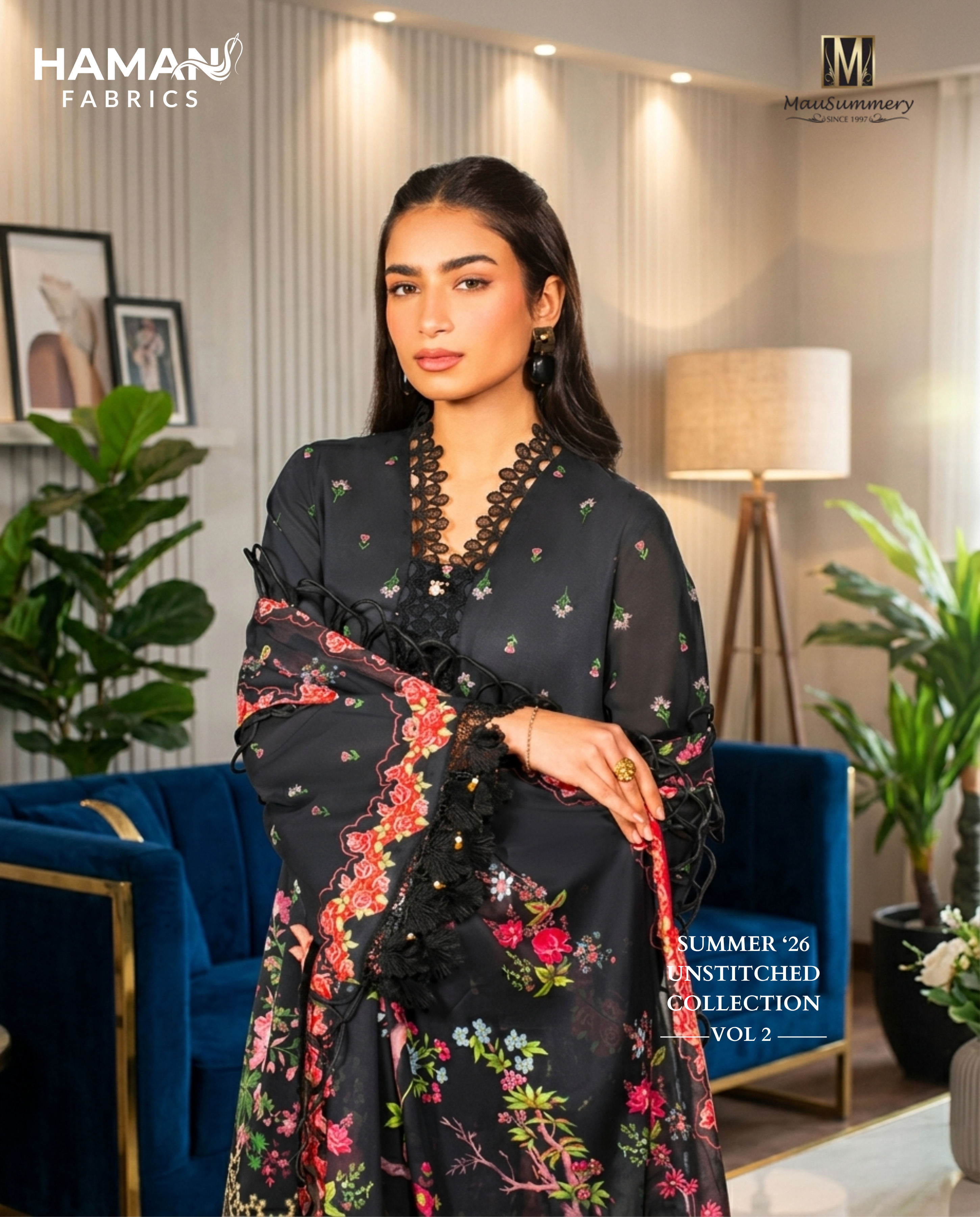 Mausummery Jet Black 3-Piece Unstitched Lawn Digital Suit – Elegant Summer Collection