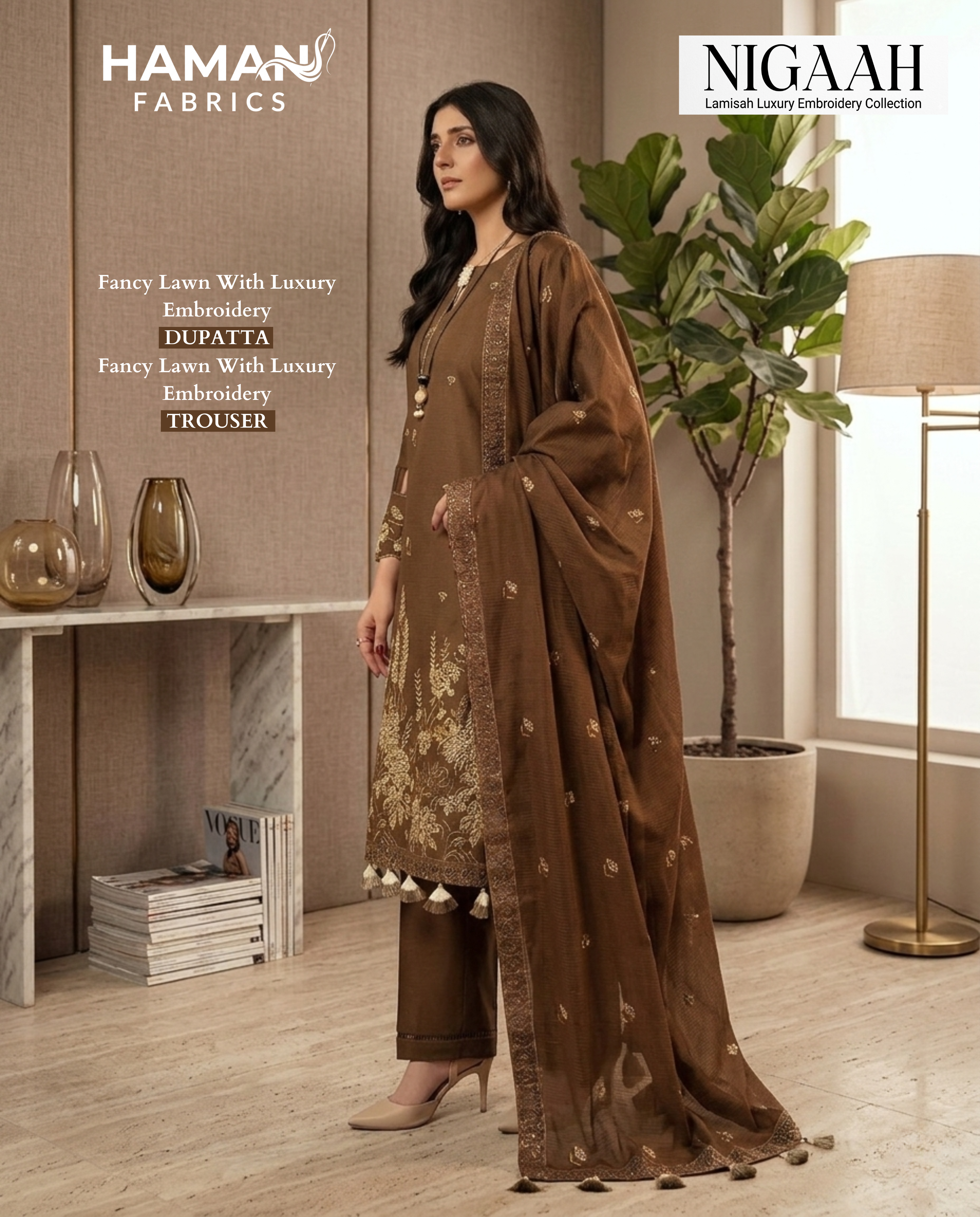Fancy Lawn Luxury Embroidered Suit with Dupatta & Trouser