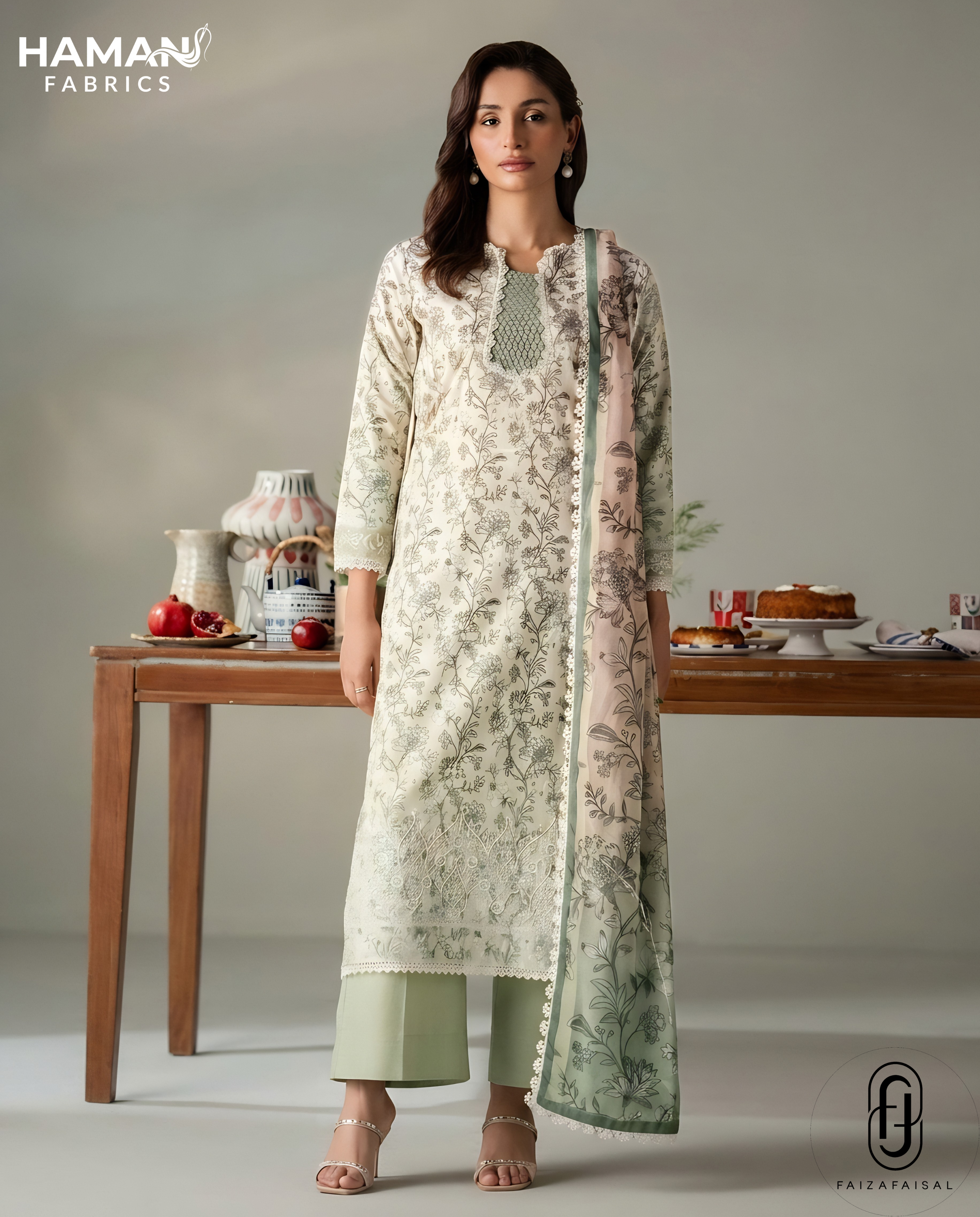 Faiza Faisal Elegant Floral 3-Piece Lawn Suit – Pistachio Green Summer Bloom