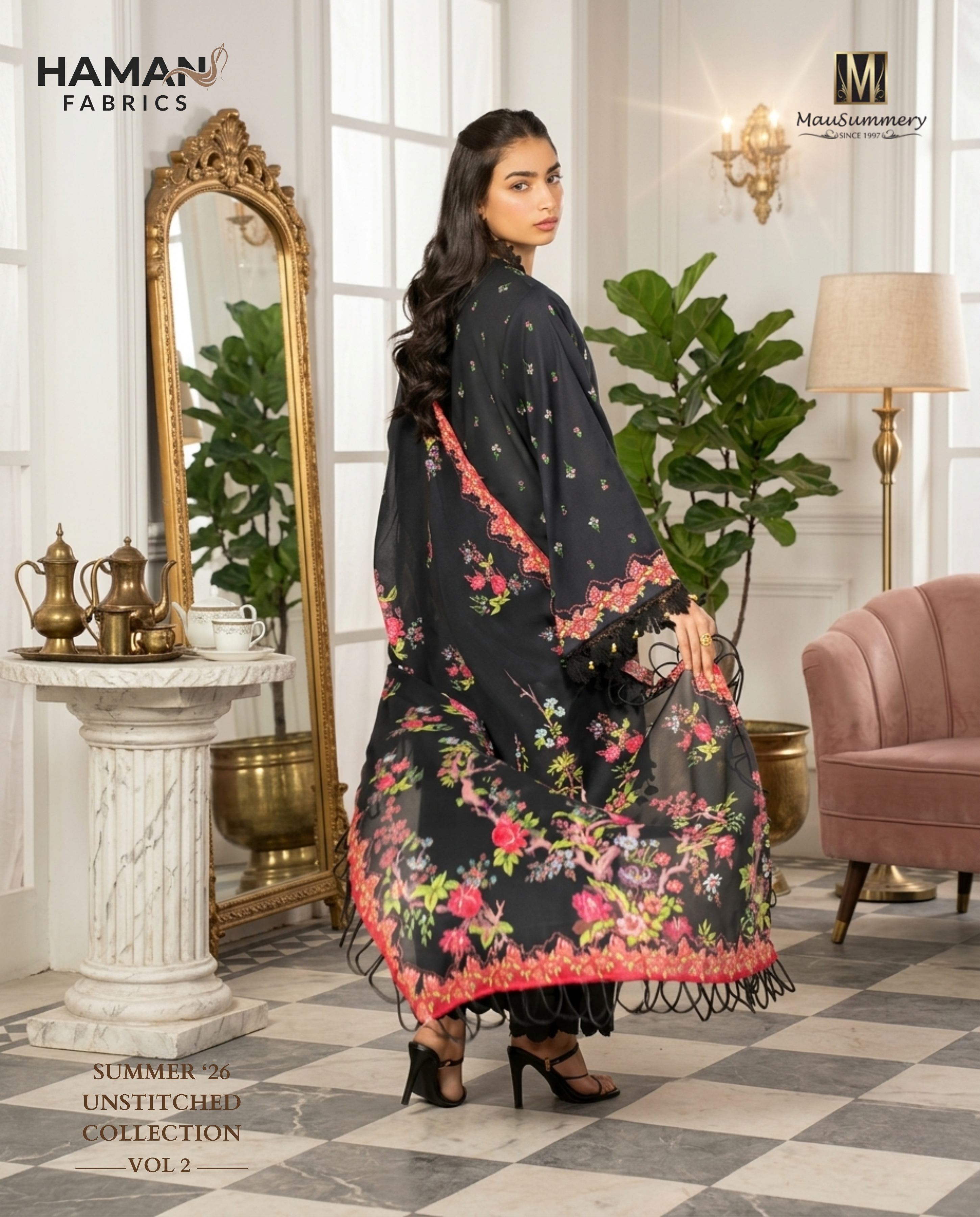 Mausummery Jet Black 3-Piece Unstitched Lawn Digital Suit – Elegant Summer Collection