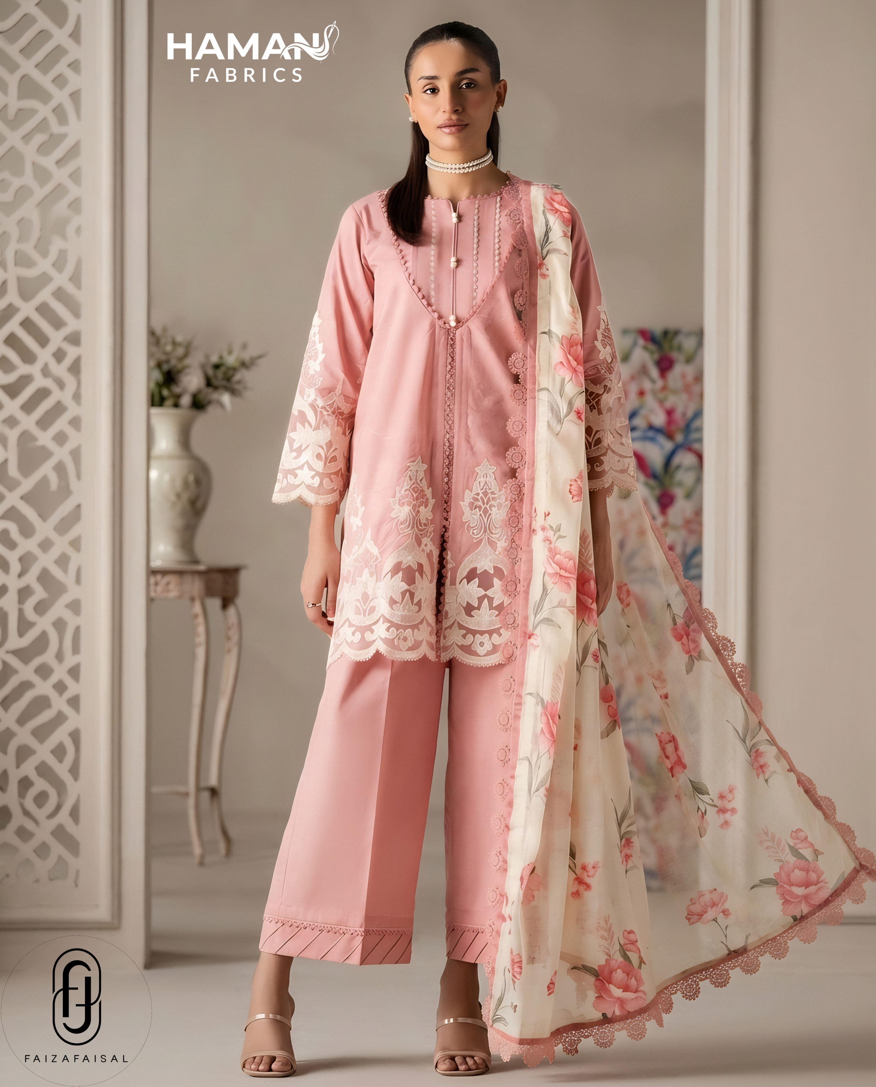 Faiza Faisal Elegant Floral 3-Piece Lawn Suit – Dusty Rose Summer Elegance