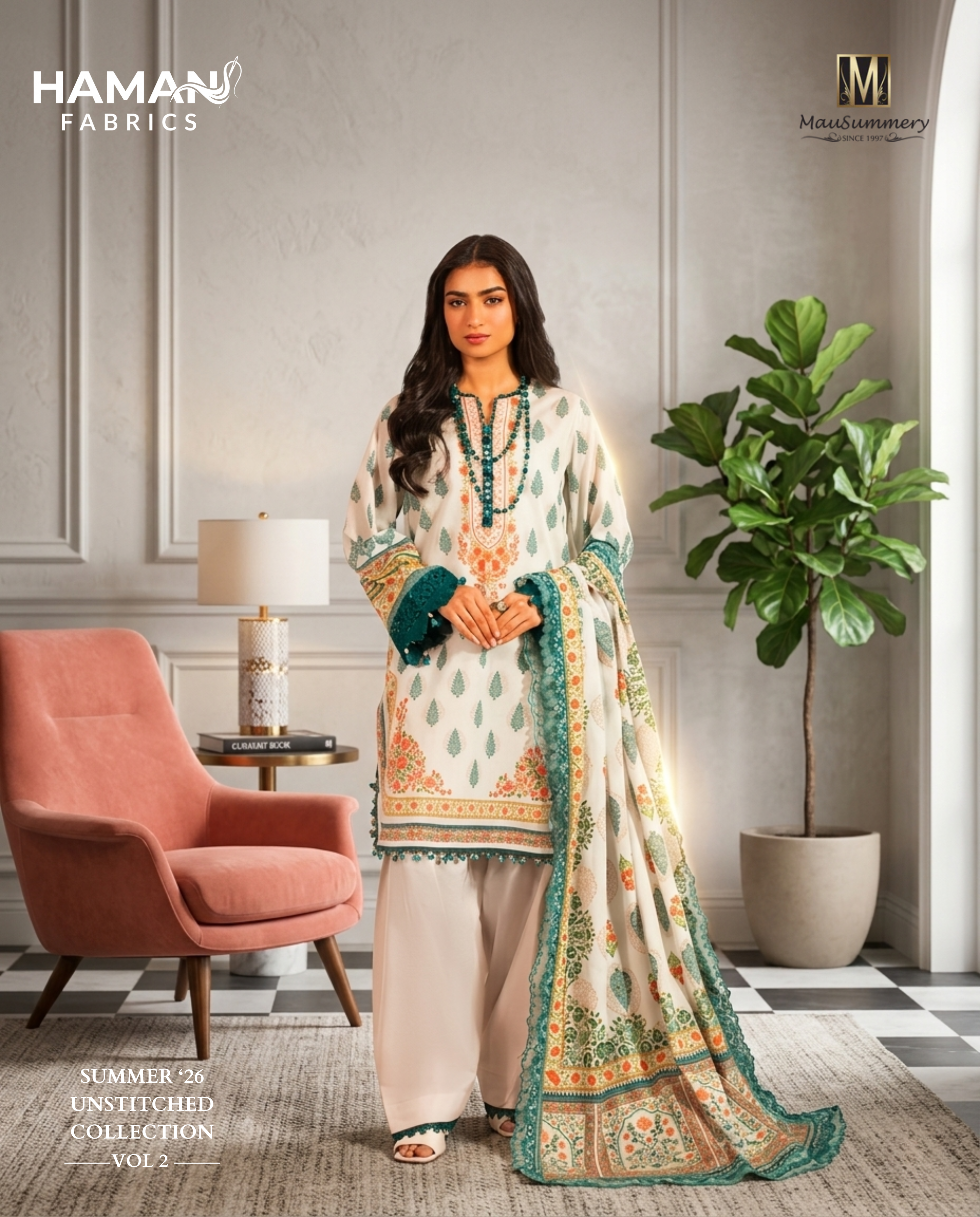 Mausummery Summer 2026 Unstitched 3-Piece Suite – Off-White & Teal