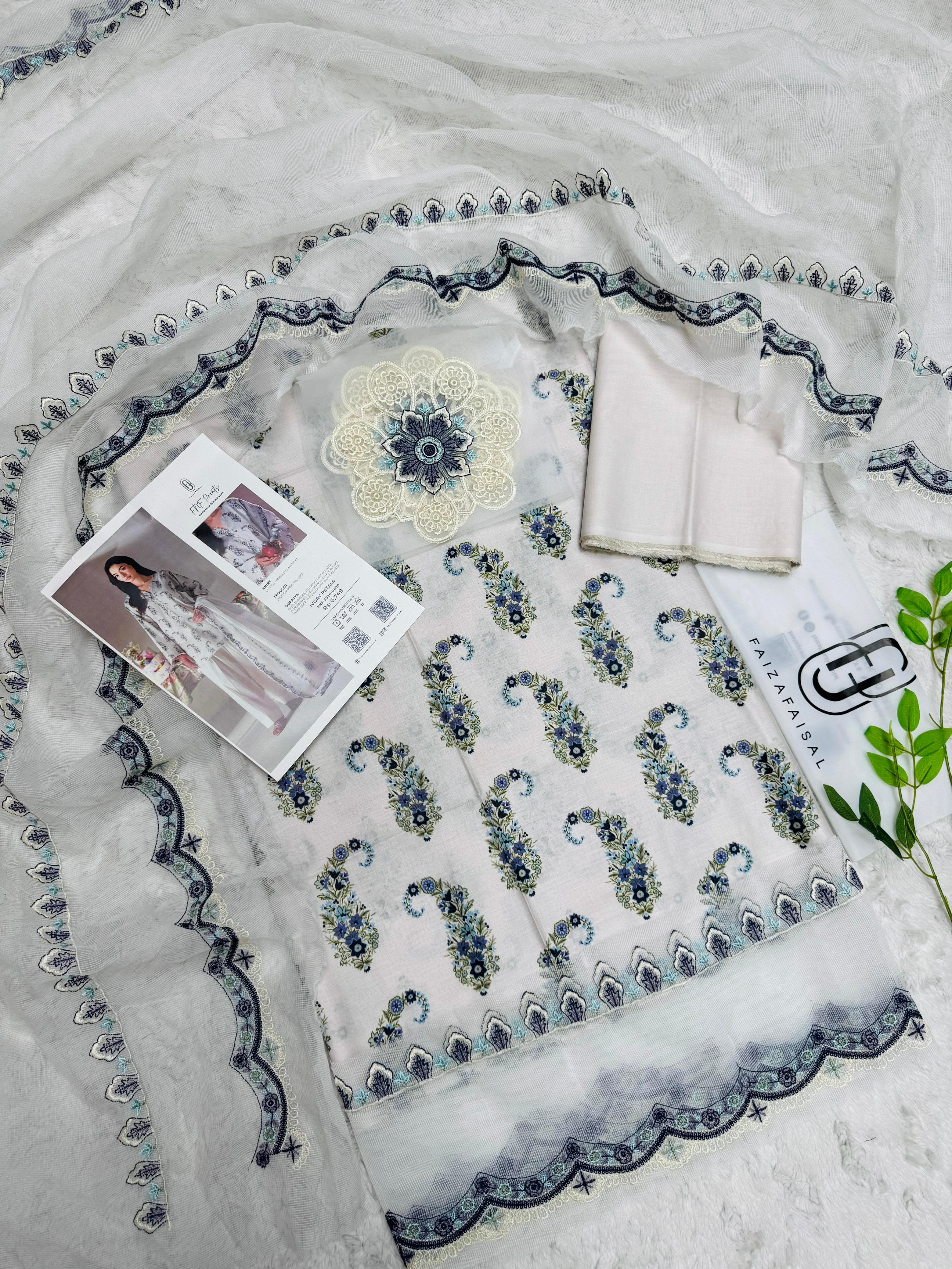 Faiza Faisal Elegant Floral 3-Piece Lawn Suit – Ivory Bloom Summer Collection