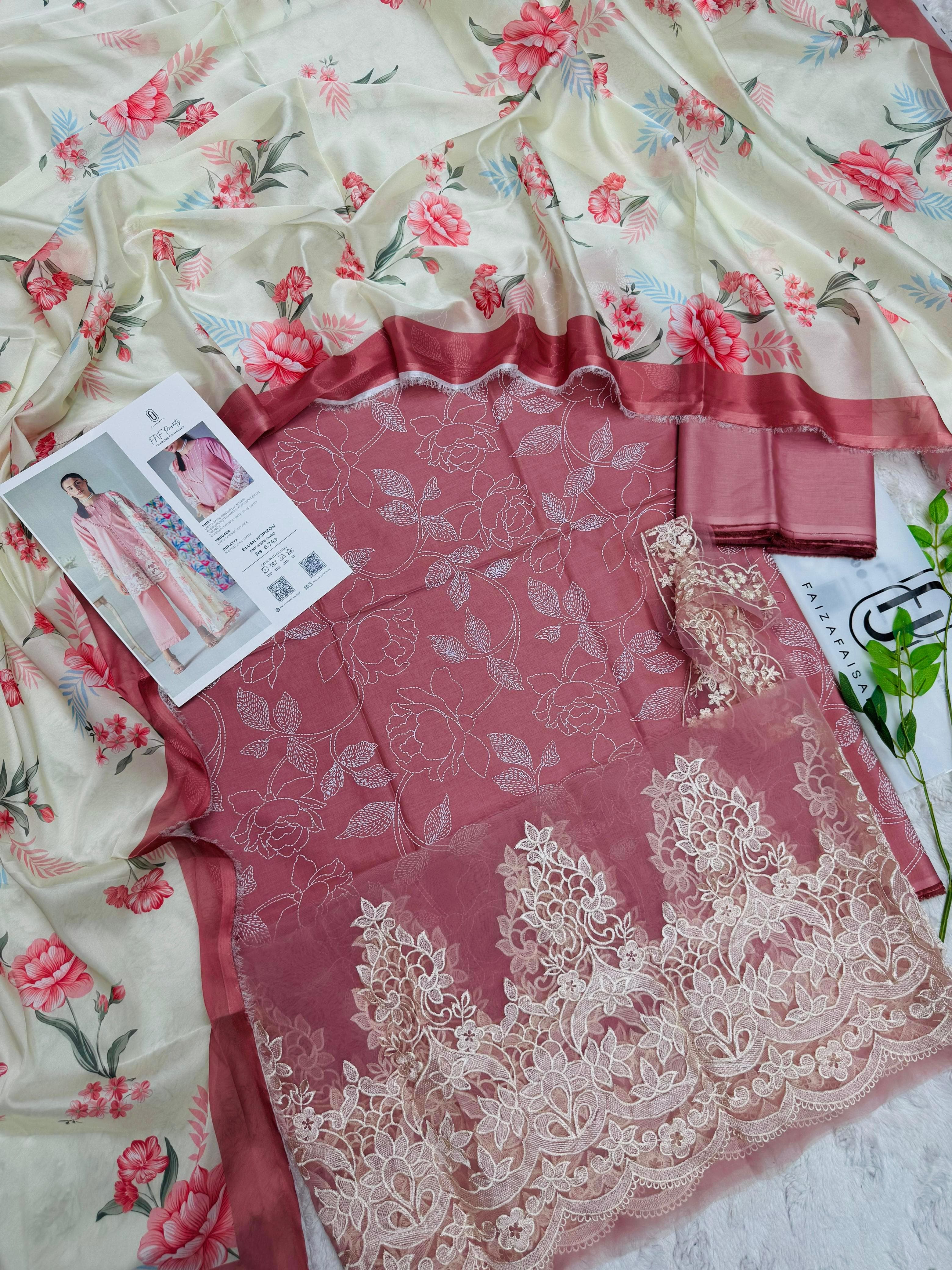 Faiza Faisal Elegant Floral 3-Piece Lawn Suit – Dusty Rose Summer Elegance