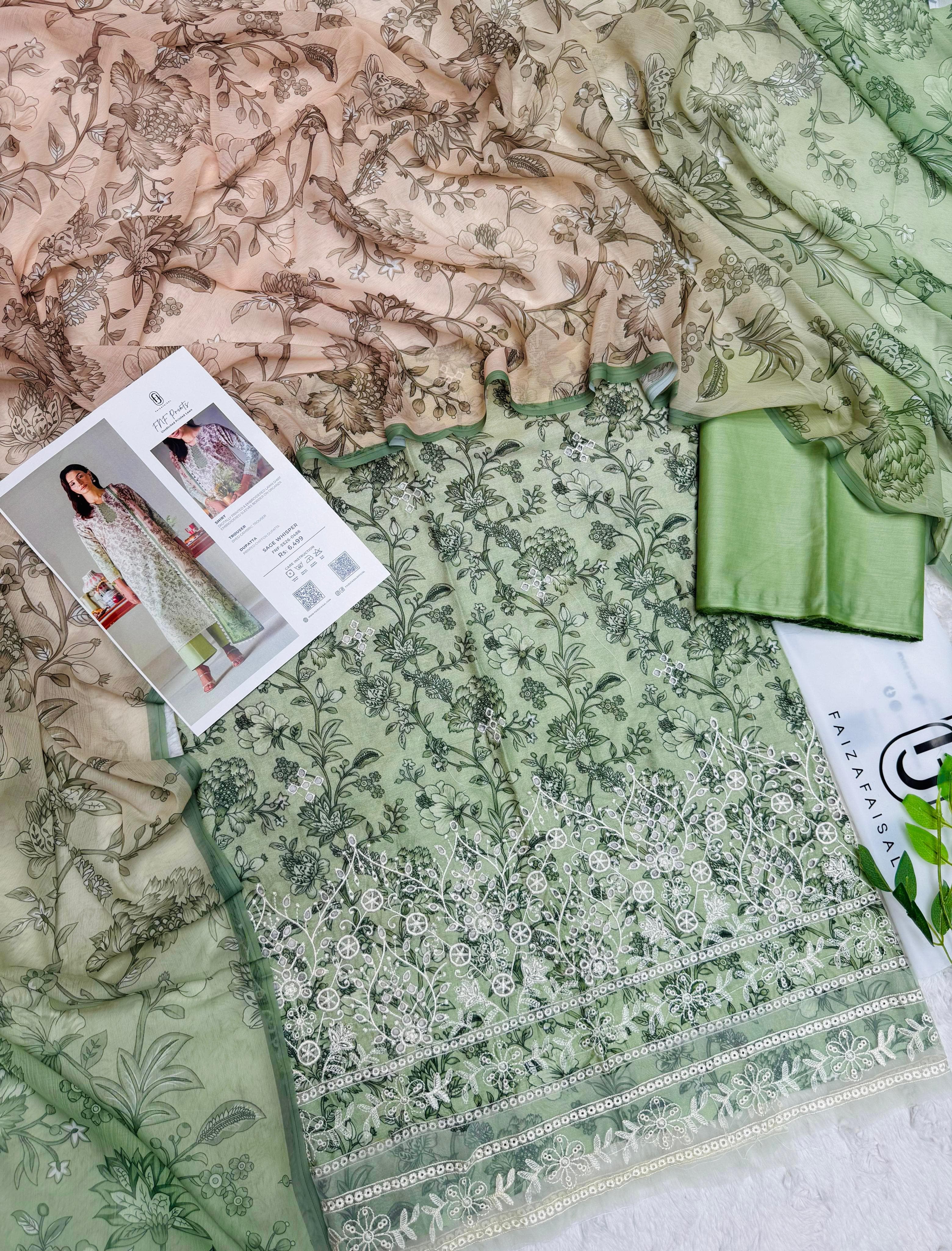 Faiza Faisal Elegant Floral 3-Piece Lawn Suit – Pistachio Green Summer Bloom