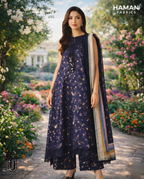 Faiza Faisal Elegant Floral 3-Piece Lawn Suit – Midnight Blue Summer Elegance