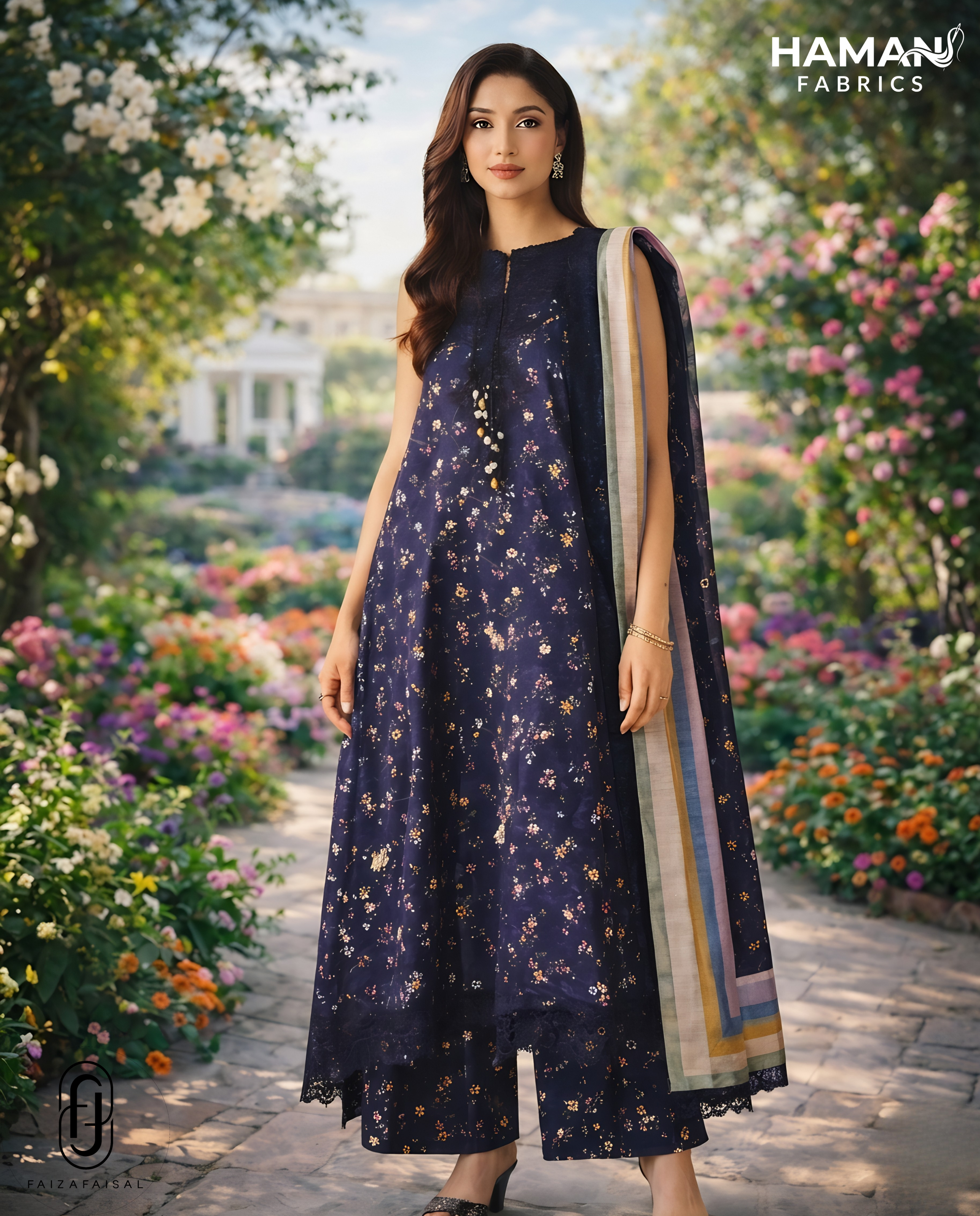Faiza Faisal Elegant Floral 3-Piece Lawn Suit – Midnight Blue Summer Elegance